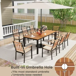 Tangkula 9 Piece Outdoor Dining Table & Chairs Set, Rectangular Table w/Acacia Wood Top & Umbrella Hole