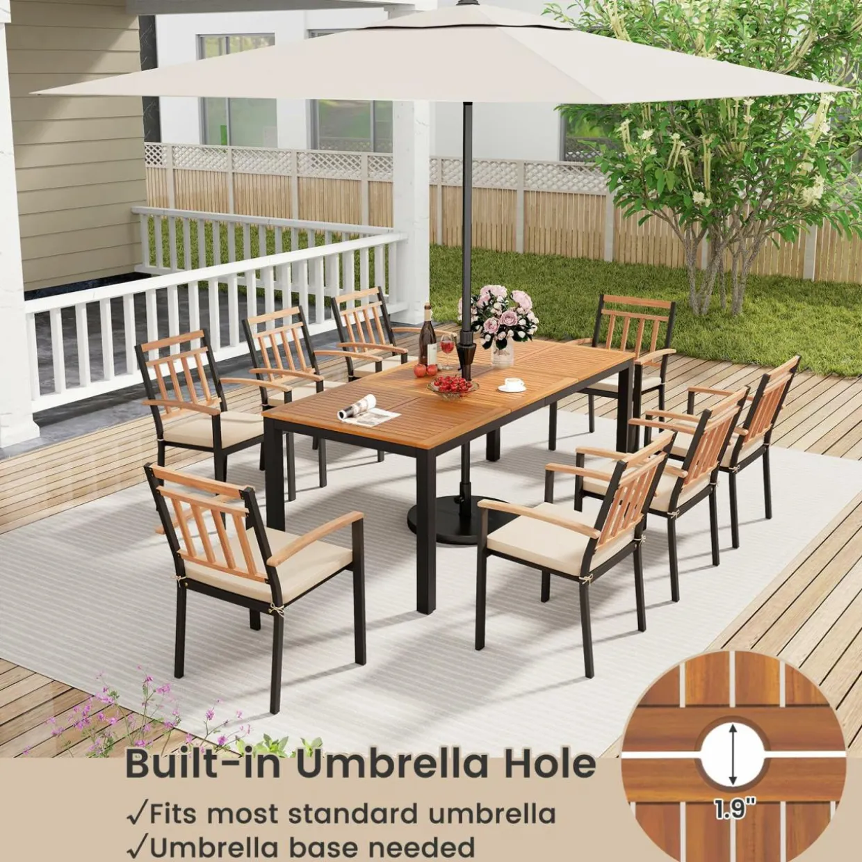 Tangkula 9 Piece Outdoor Dining Table & Chairs Set, Rectangular Table w/Acacia Wood Top & Umbrella Hole