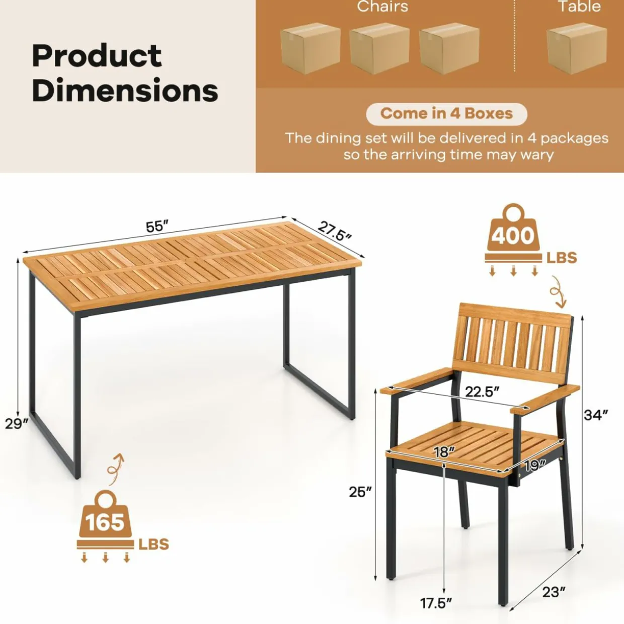 Tangkula 7 Piece Outdoor Dining Set for 6, Acacia Wood Rectangular Dining Table & 6 Armchairs w/Metal Frame