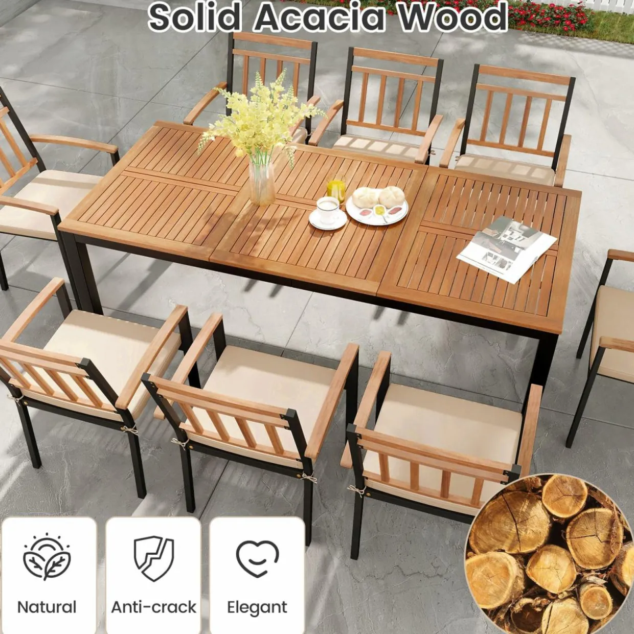 Tangkula 9 Piece Outdoor Dining Table & Chairs Set, Rectangular Table w/Acacia Wood Top & Umbrella Hole
