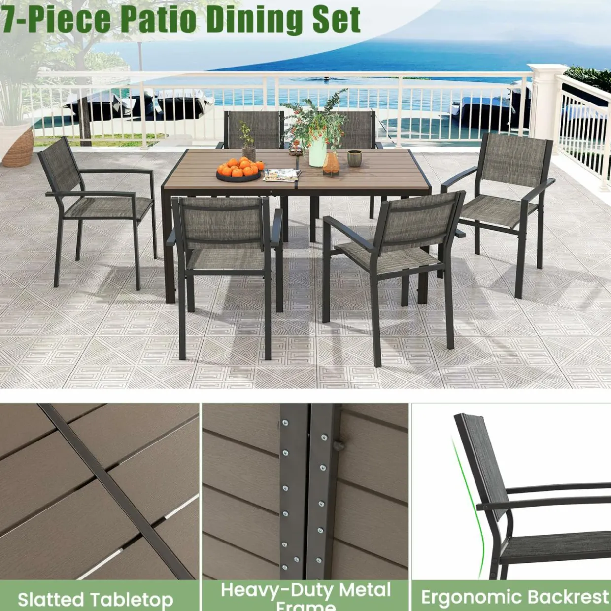 Tangkula 7 Piece Outdoor Dining Set, Patio Furniture Set w/ 6 Stackable Chairs & Large Rectangle Table, Dining Table Set for 6