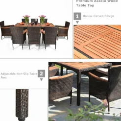 Tangkula 9 Piece Outdoor Dining Set, Garden Patio Wicker Set w/Cushions, Furniture with Acacia Wood Table
