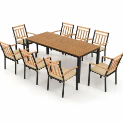Tangkula 9 Piece Outdoor Dining Table & Chairs Set, Rectangular Table w/Acacia Wood Top & Umbrella Hole