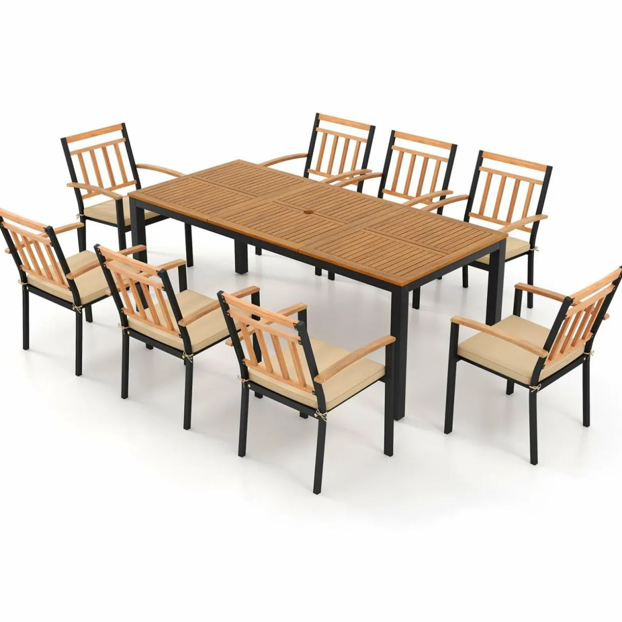 Tangkula 9 Piece Outdoor Dining Table & Chairs Set, Rectangular Table w/Acacia Wood Top & Umbrella Hole