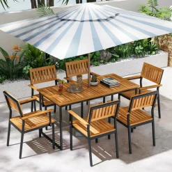 Tangkula 7 Piece Outdoor Dining Set for 6, Acacia Wood Rectangular Dining Table & 6 Armchairs w/Metal Frame