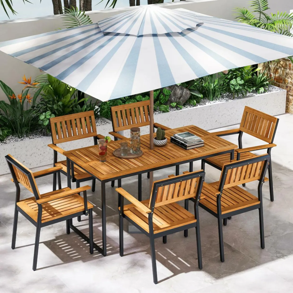 Tangkula 7 Piece Outdoor Dining Set for 6, Acacia Wood Rectangular Dining Table & 6 Armchairs w/Metal Frame