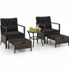 Tangkula 5 Piece Outdoor Furniture Set, Rattan Chairs & Ottomans w/Round Glass Topped Coffee Table