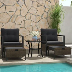 Tangkula 5 Piece Outdoor Furniture Set, Rattan Chairs & Ottomans w/Round Glass Topped Coffee Table