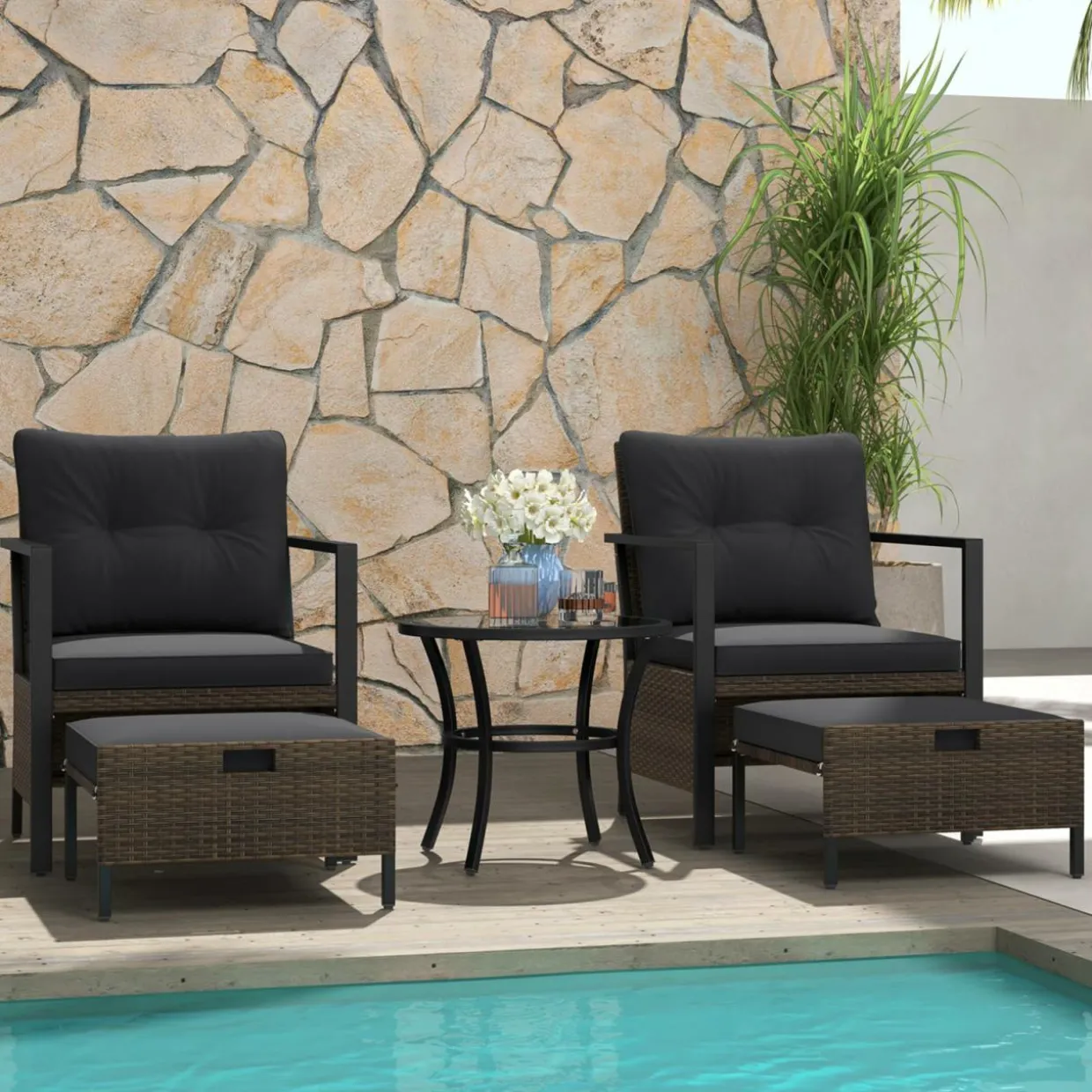 Tangkula 5 Piece Outdoor Furniture Set, Rattan Chairs & Ottomans w/Round Glass Topped Coffee Table
