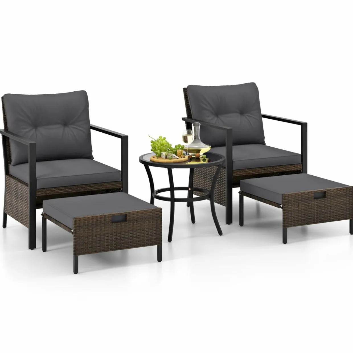 Tangkula 5 Piece Outdoor Furniture Set, Rattan Chairs & Ottomans w/Round Glass Topped Coffee Table