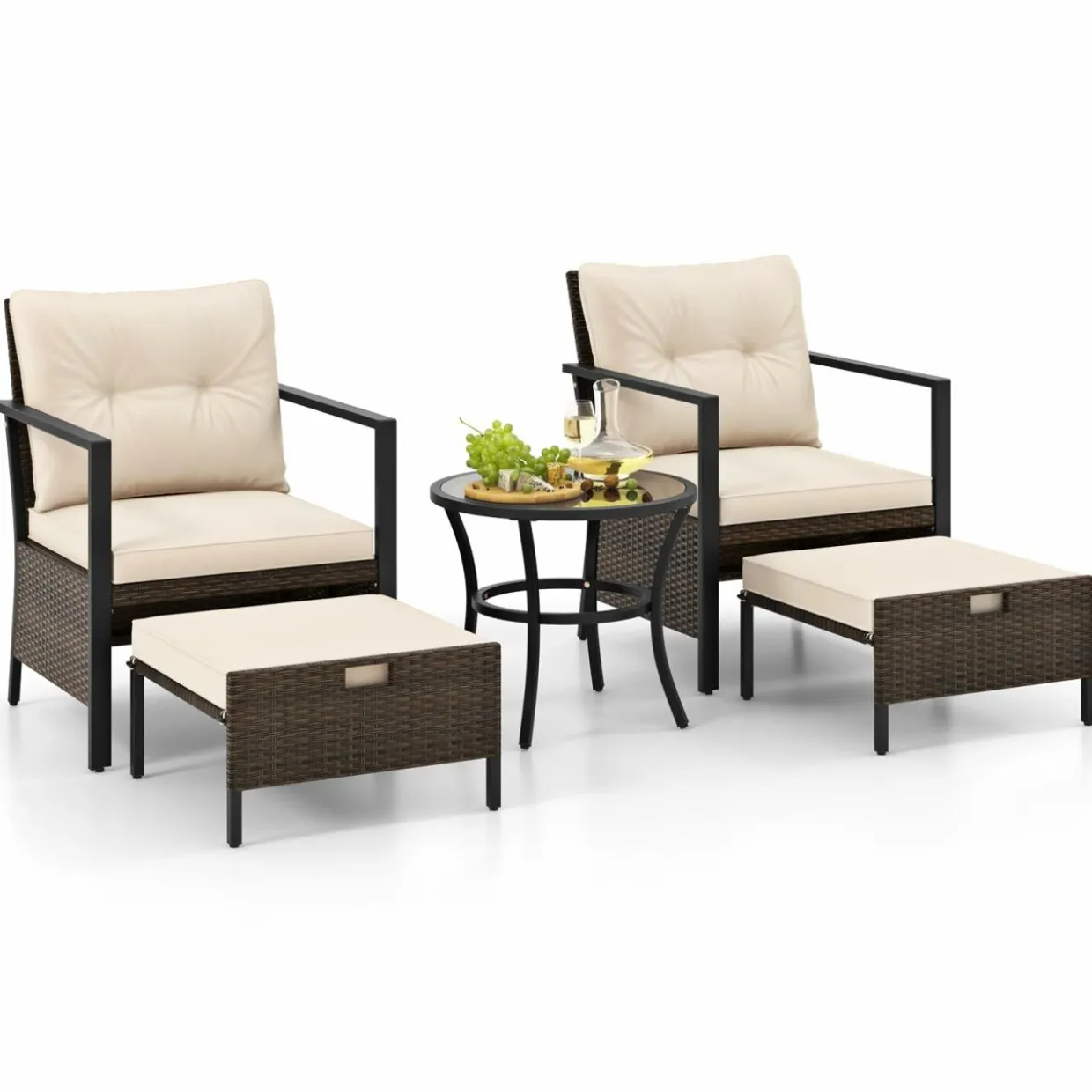Tangkula 5 Piece Outdoor Furniture Set, Rattan Chairs & Ottomans w/Round Glass Topped Coffee Table