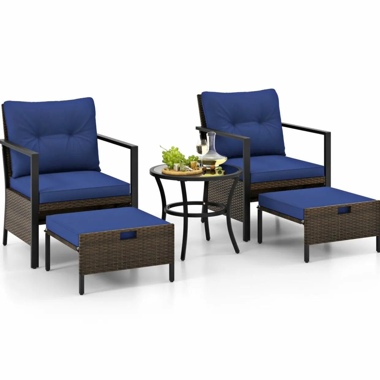Tangkula 5 Piece Outdoor Furniture Set, Rattan Chairs & Ottomans w/Round Glass Topped Coffee Table