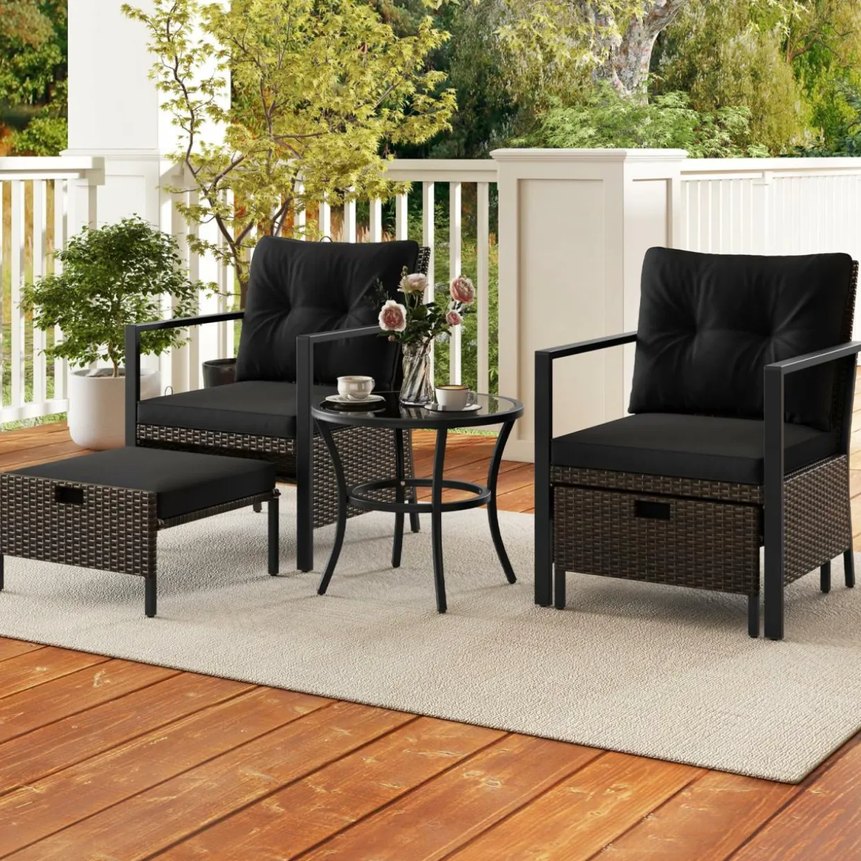 Tangkula 5 Piece Outdoor Furniture Set, Rattan Chairs & Ottomans w/Round Glass Topped Coffee Table