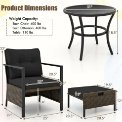 Tangkula 5 Piece Outdoor Furniture Set, Rattan Chairs & Ottomans w/Round Glass Topped Coffee Table