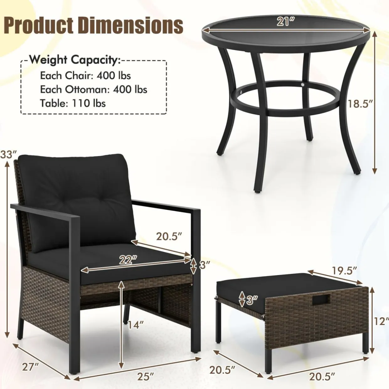 Tangkula 5 Piece Outdoor Furniture Set, Rattan Chairs & Ottomans w/Round Glass Topped Coffee Table