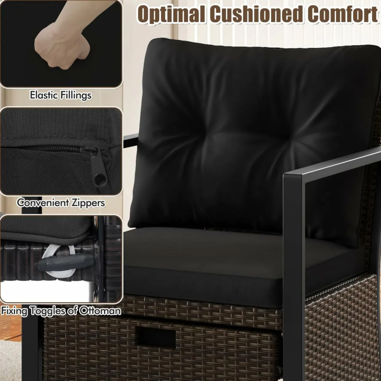 Tangkula 5 Piece Outdoor Furniture Set, Rattan Chairs & Ottomans w/Round Glass Topped Coffee Table