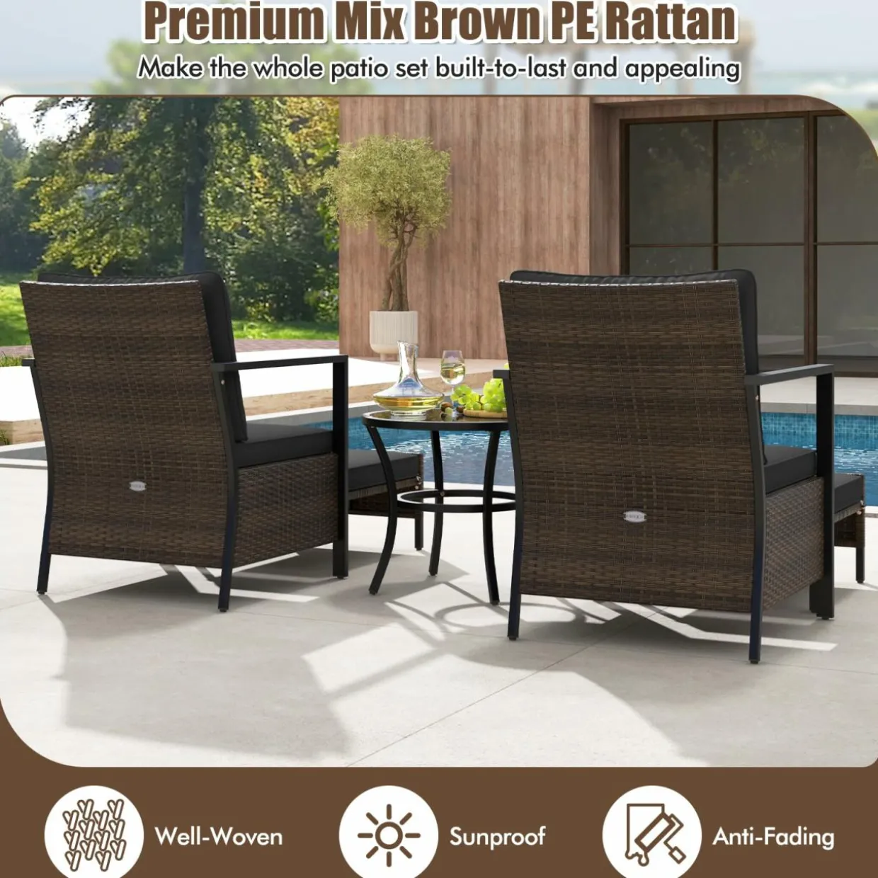 Tangkula 5 Piece Outdoor Furniture Set, Rattan Chairs & Ottomans w/Round Glass Topped Coffee Table