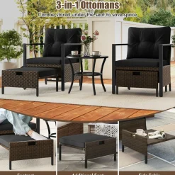Tangkula 5 Piece Outdoor Furniture Set, Rattan Chairs & Ottomans w/Round Glass Topped Coffee Table