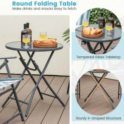 Tangkula 3 Piece Outdoor Folding Chair Set, 2 Folding Chairs with Folding Table