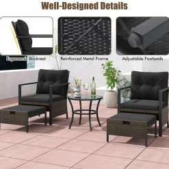 Tangkula 5 Piece Outdoor Furniture Set, Rattan Chairs & Ottomans w/Round Glass Topped Coffee Table