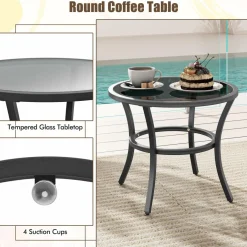 Tangkula 5 Piece Outdoor Furniture Set, Rattan Chairs & Ottomans w/Round Glass Topped Coffee Table