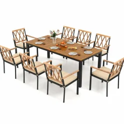 Tangkula 9 Piece Outdoor Patio Dining Set, Rectangular Dining Table & Chairs Set for 8 w/Acacia Wood Tabletop