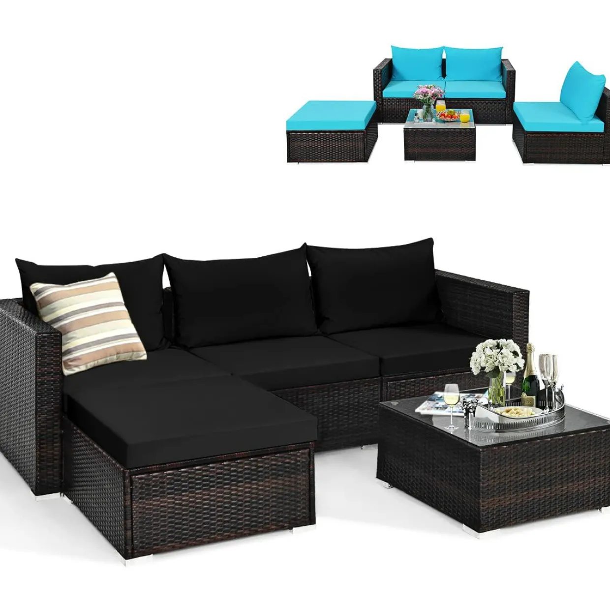 Tangkula 5 Piece Outdoor Patio Furniture Set, Sturdy Frame and Cushioned Sofa Ottoman