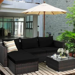 Tangkula 5 Piece Outdoor Patio Furniture Set, Sturdy Frame and Cushioned Sofa Ottoman