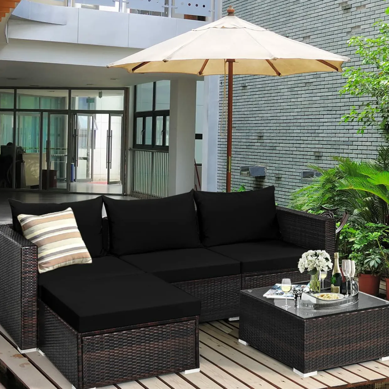 Tangkula 5 Piece Outdoor Patio Furniture Set, Sturdy Frame and Cushioned Sofa Ottoman