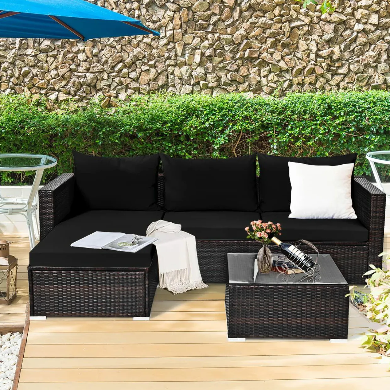 Tangkula 5 Piece Outdoor Patio Furniture Set, Sturdy Frame and Cushioned Sofa Ottoman