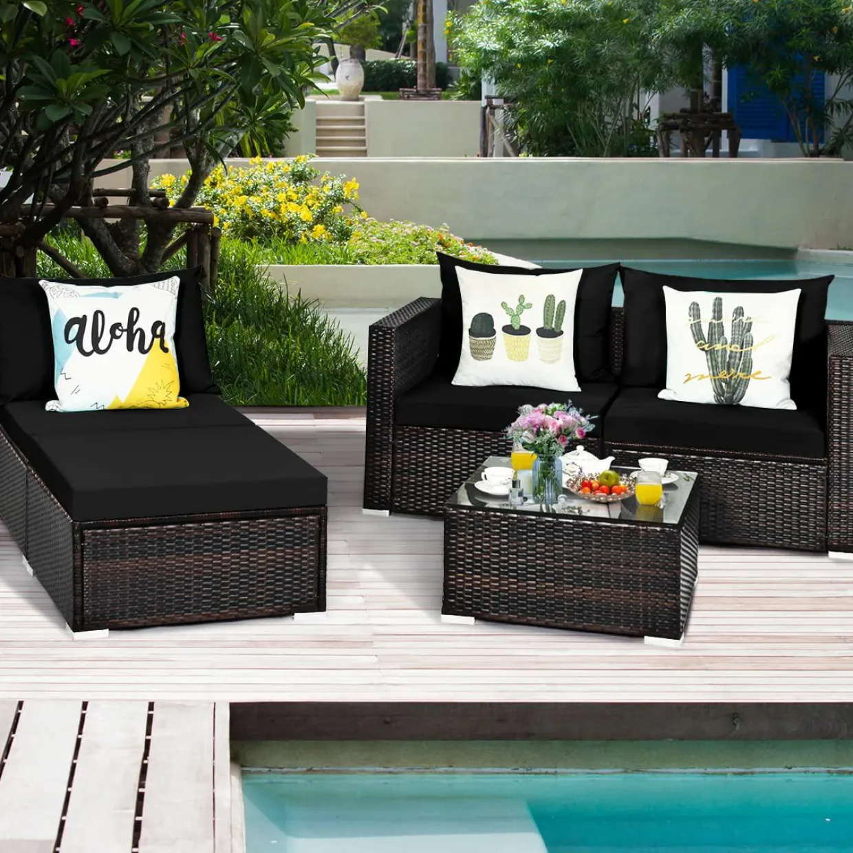 Tangkula 5 Piece Outdoor Patio Furniture Set, Sturdy Frame and Cushioned Sofa Ottoman