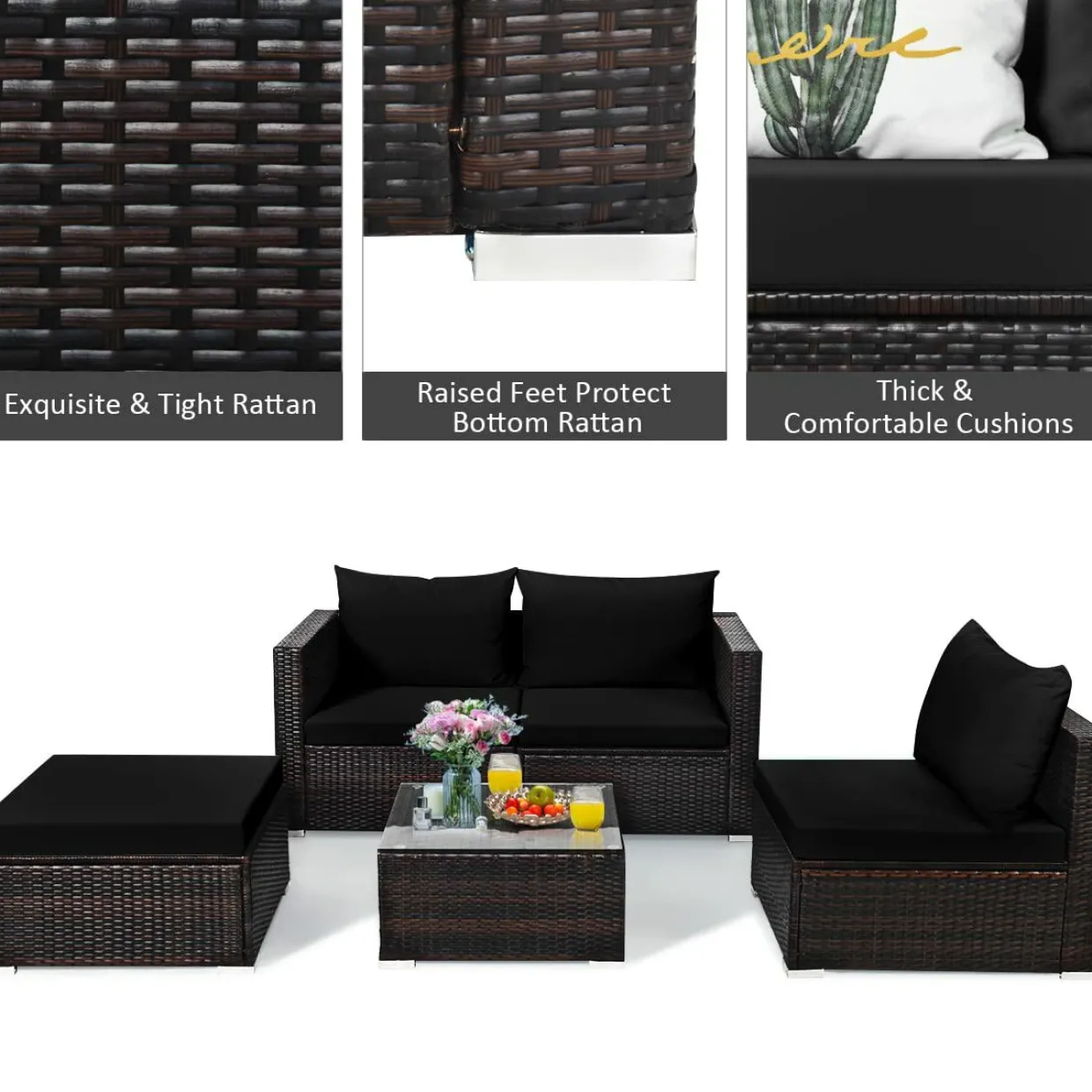 Tangkula 5 Piece Outdoor Patio Furniture Set, Sturdy Frame and Cushioned Sofa Ottoman