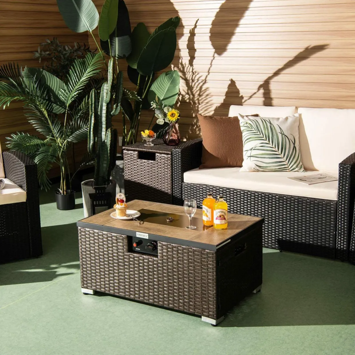 Tangkula 2 Piece Outdoor Propane Fire Pit Table Set with Hideaway Propane Tank Holder
