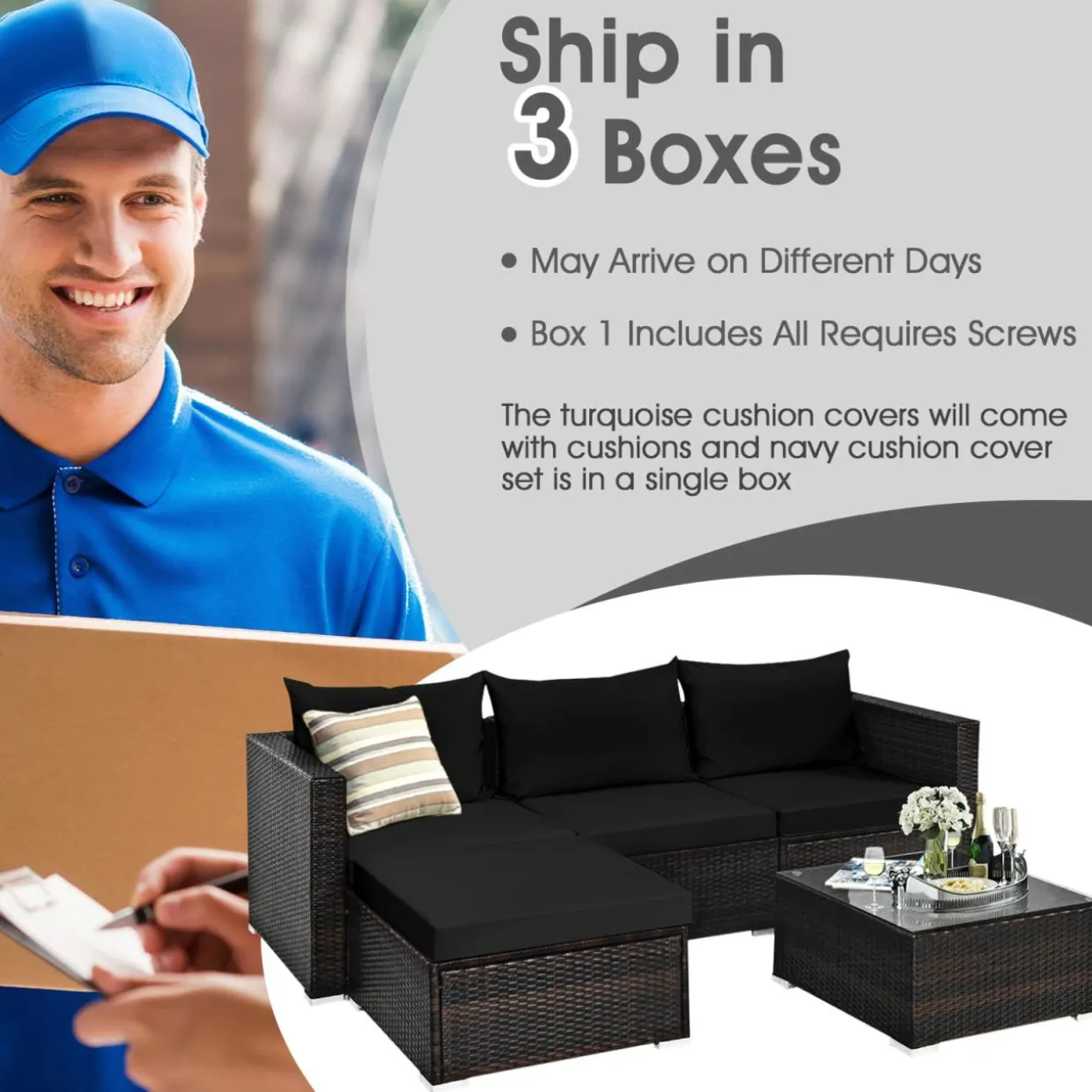 Tangkula 5 Piece Outdoor Patio Furniture Set, Sturdy Frame and Cushioned Sofa Ottoman