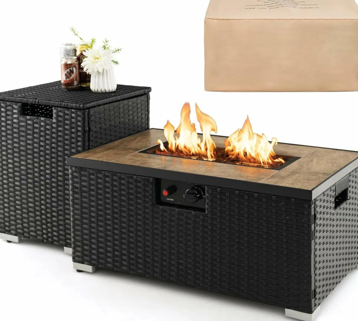 Tangkula 2 Piece Outdoor Propane Fire Pit Table Set with Hideaway Propane Tank Holder