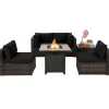 Tangkula 6 Piece Outdoor Rattan Sofa Set with 30in Propane Gas Fire Table