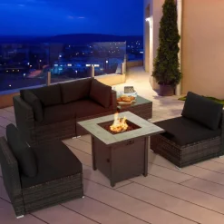 Tangkula 6 Piece Outdoor Rattan Sofa Set with 30in Propane Gas Fire Table