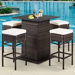 Tangkula 5 Piece Outdoor Rattan Bar Set, Patio Bar Furniture with 4 Cushions Stools and Smooth Top Table