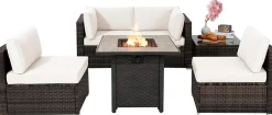 Tangkula 6 Piece Outdoor Rattan Sofa Set with 30in Propane Gas Fire Table