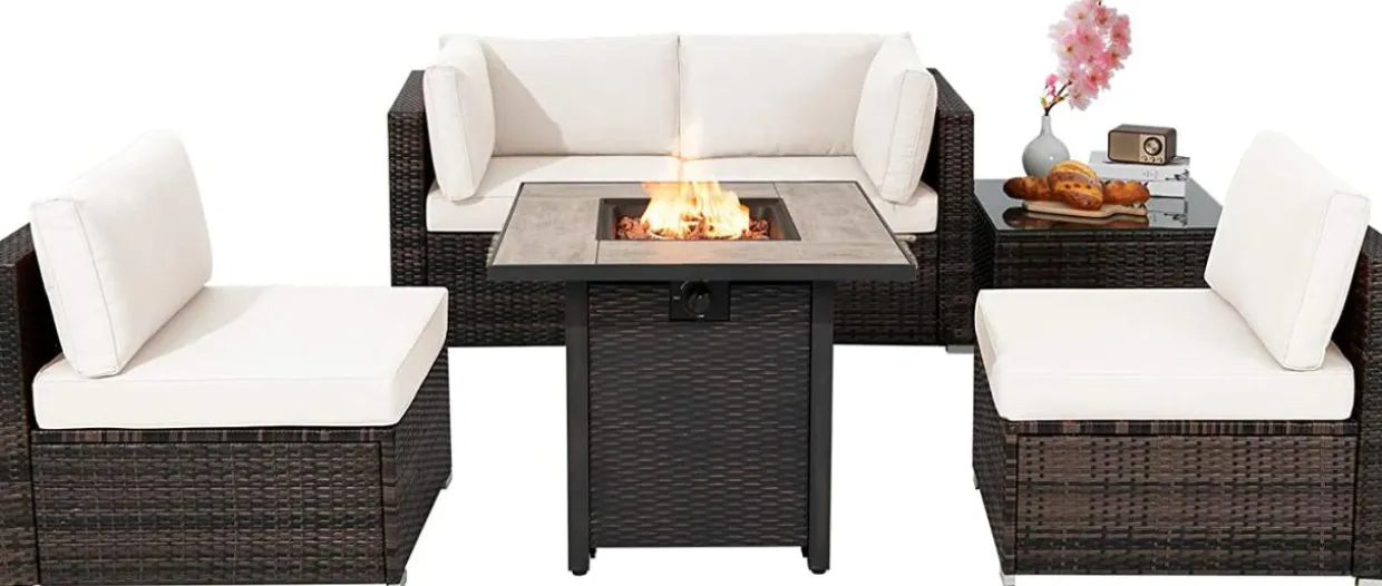 Tangkula 6 Piece Outdoor Rattan Sofa Set with 30in Propane Gas Fire Table