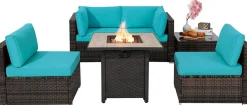 Tangkula 6 Piece Outdoor Rattan Sofa Set with 30in Propane Gas Fire Table