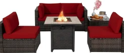 Tangkula 6 Piece Outdoor Rattan Sofa Set with 30in Propane Gas Fire Table