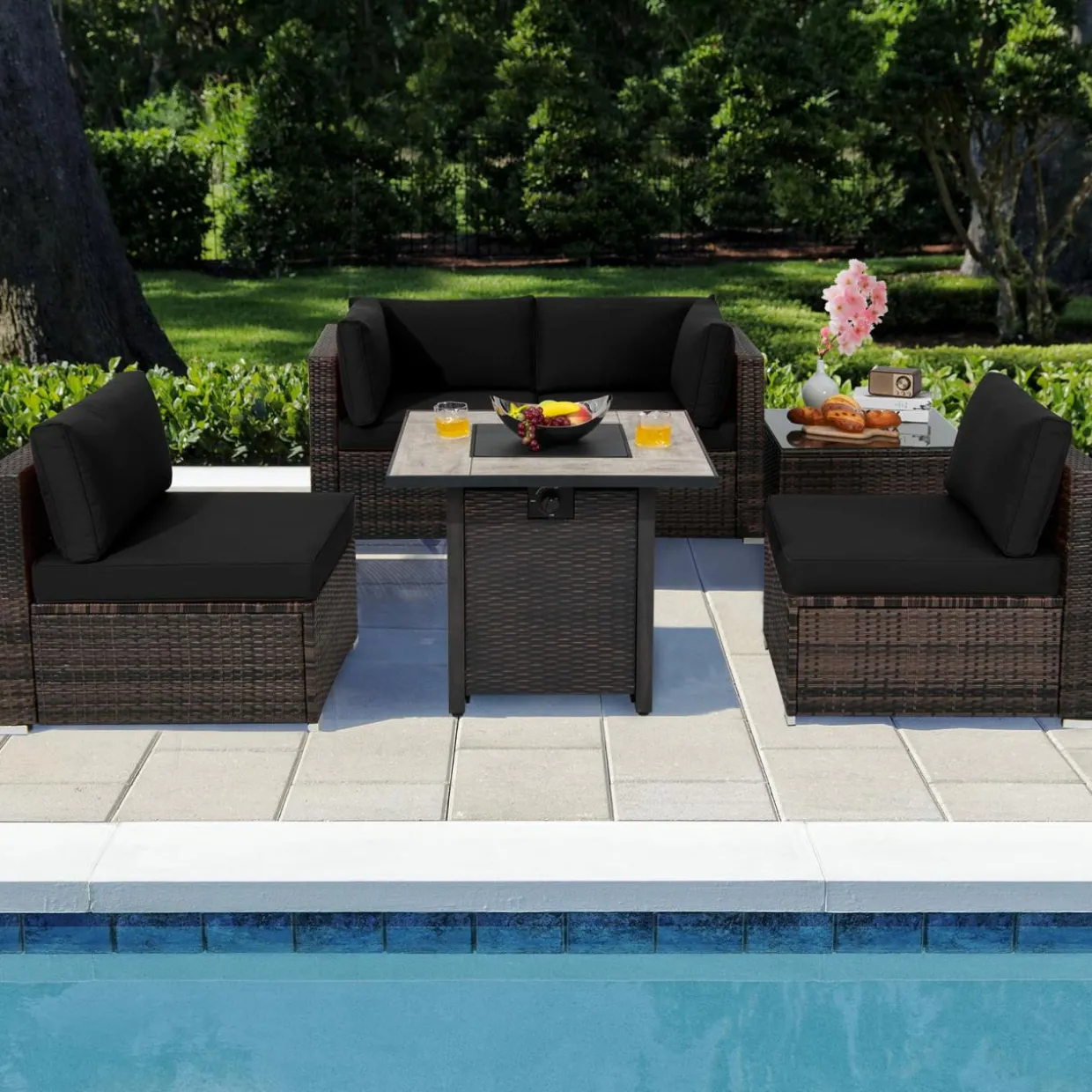 Tangkula 6 Piece Outdoor Rattan Sofa Set with 30in Propane Gas Fire Table