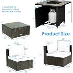 Tangkula 6 Piece Outdoor Rattan Sofa Set with 30in Propane Gas Fire Table