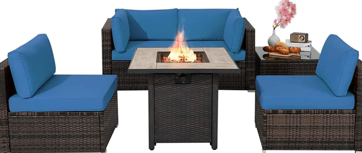 Tangkula 6 Piece Outdoor Rattan Sofa Set with 30in Propane Gas Fire Table