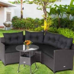 Tangkula 4 Piece Outdoor Sofa Set, Patio Rattan Corner Chair Set W/Round Side Table