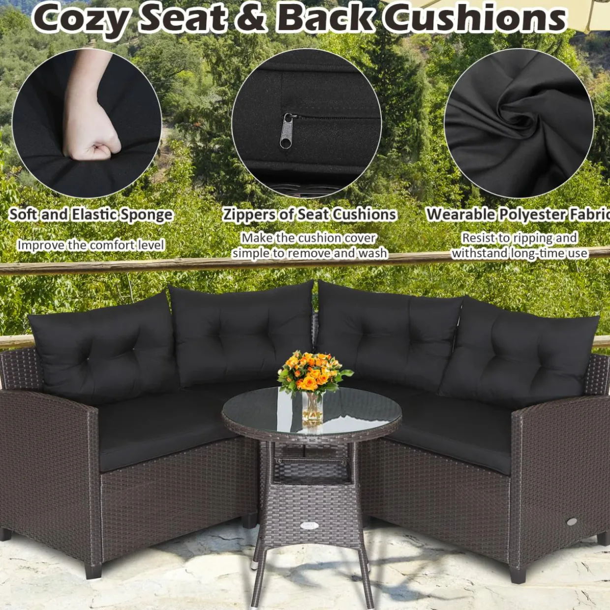 Tangkula 4 Piece Outdoor Sofa Set, Patio Rattan Corner Chair Set W/Round Side Table