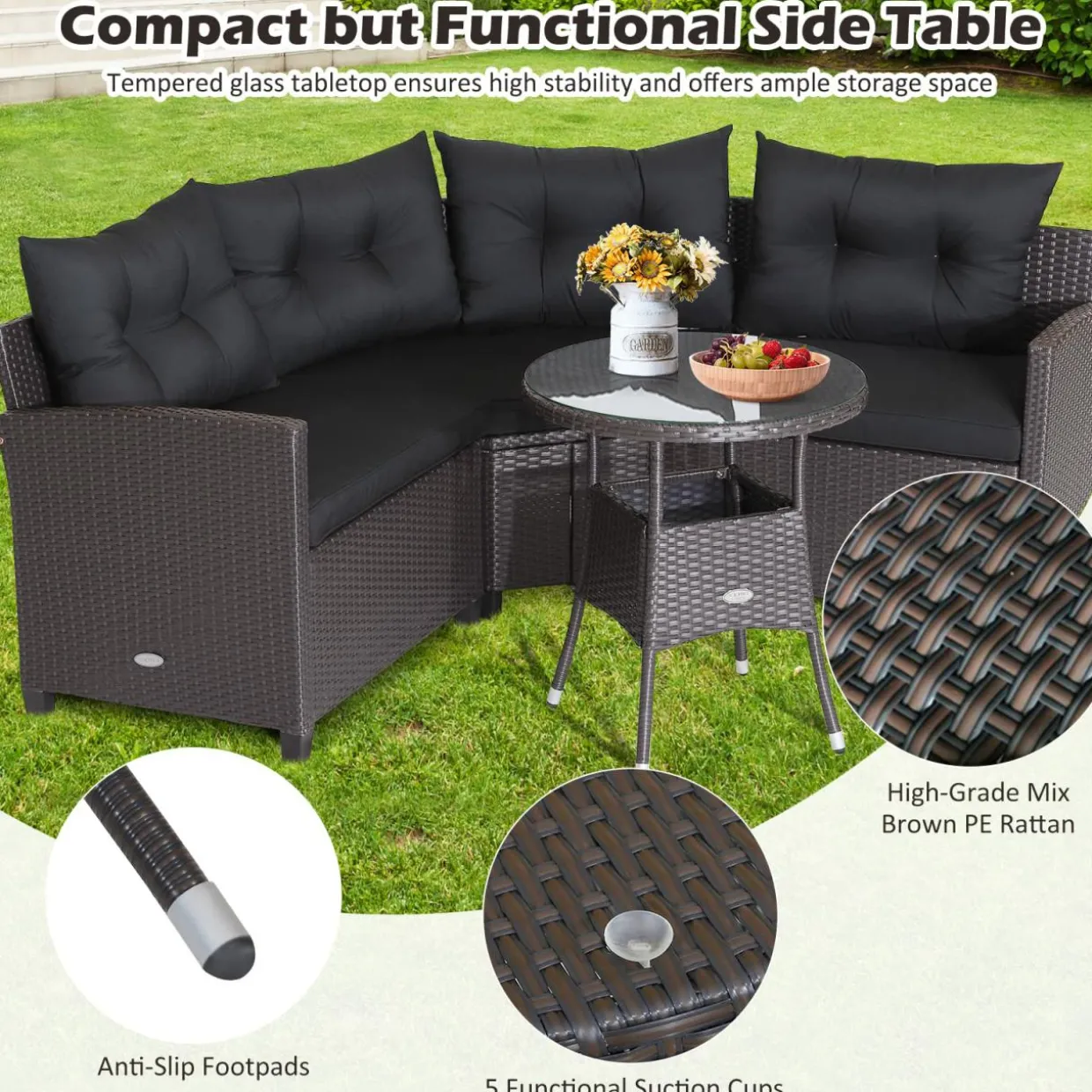 Tangkula 4 Piece Outdoor Sofa Set, Patio Rattan Corner Chair Set W/Round Side Table