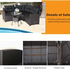 Tangkula 4 Piece Outdoor Sofa Set, Patio Rattan Corner Chair Set W/Round Side Table