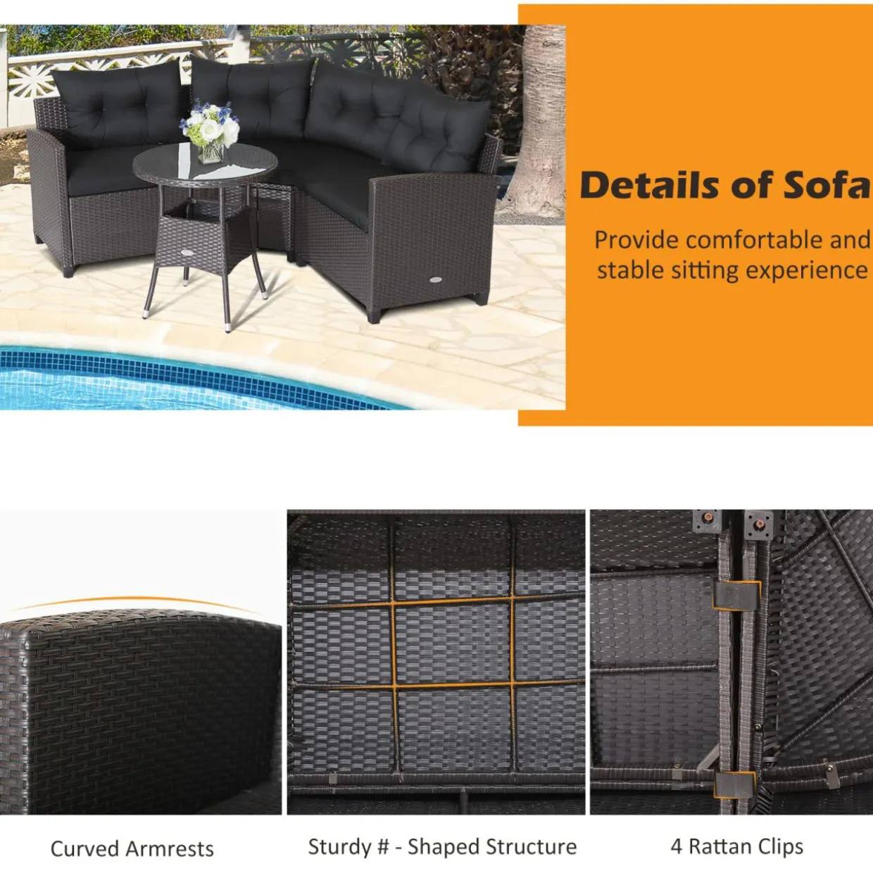Tangkula 4 Piece Outdoor Sofa Set, Patio Rattan Corner Chair Set W/Round Side Table
